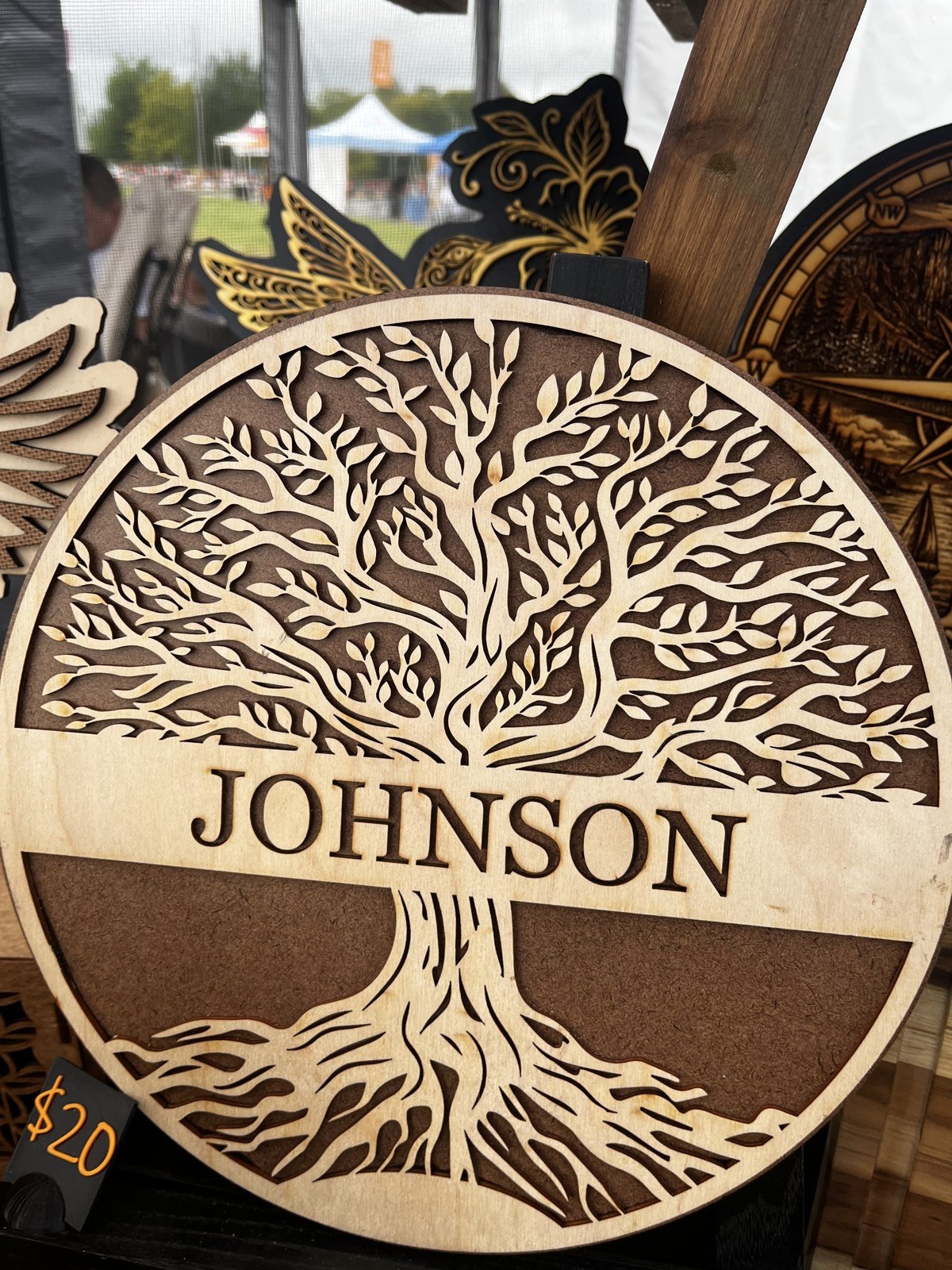 Laser-cut Johnson family tree sign in wood